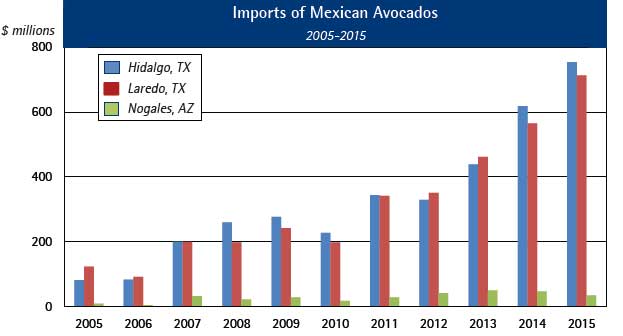 Imports of Mexican Avocados Through Top Three Ports, 2005-2015