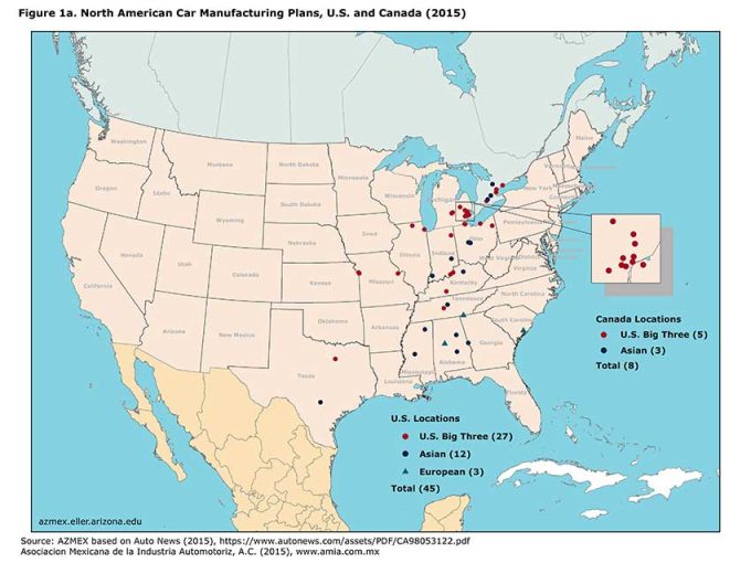 Figure 1a: North American Car Manufacturing Plants, U.S. and Canada (2015) 