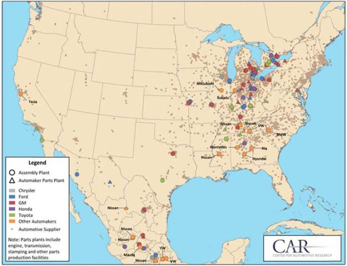 Figure 3: Location of Parts Producing Facilities in Relation to Assembly Plants