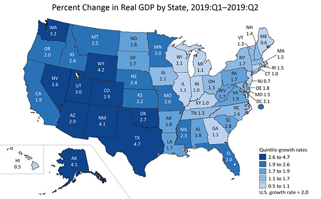 map of real gdp by state 2019 second quarter annualized growth rate