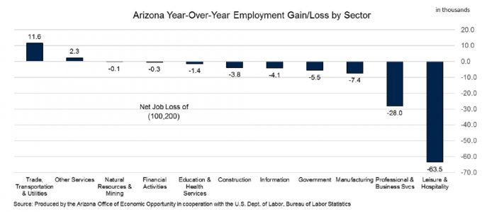 Arizona year-over-year nonfarm employment gain and loss by sector