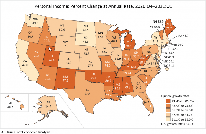 change in first quarter 2021 state personal income map bea