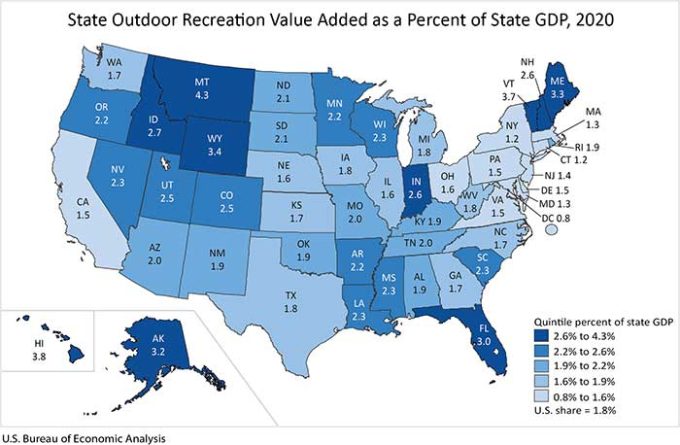 State Outdoor Recreation Value Added as a Percent of State GDP, 2020 - map