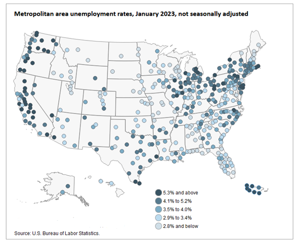 map of unemployment rates by metropolitan area January 2023
