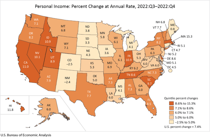 map of personal income increase by state 2022Q4