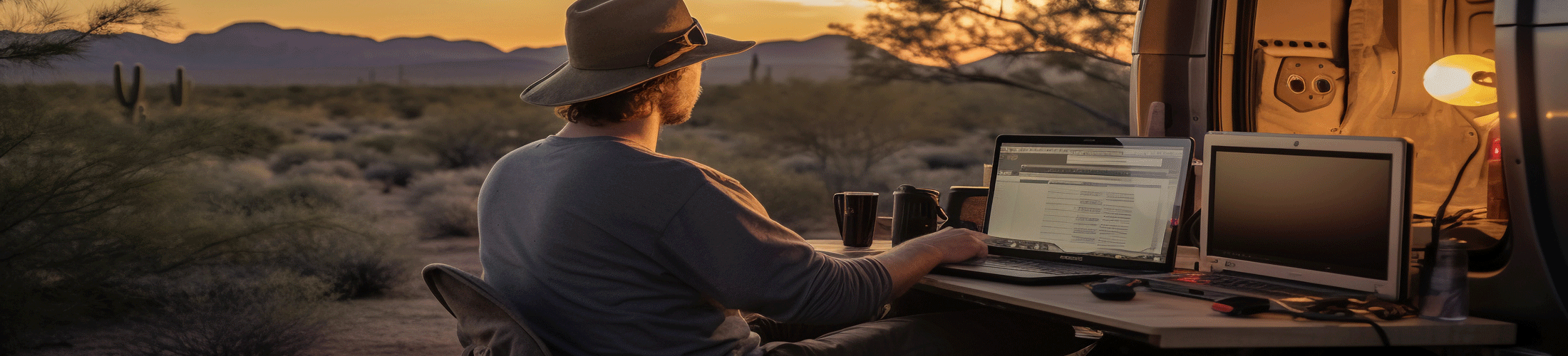 Man using computer in desert