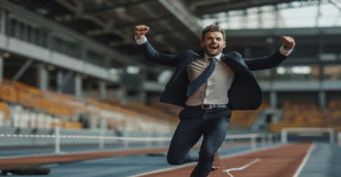 Man running indoors business suit
