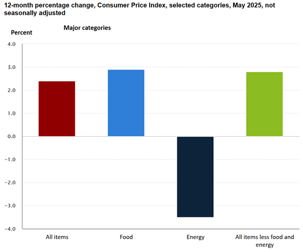 12-month percent change, Consumer Price Index, selected categories, May 2025, not seasonally adjusted