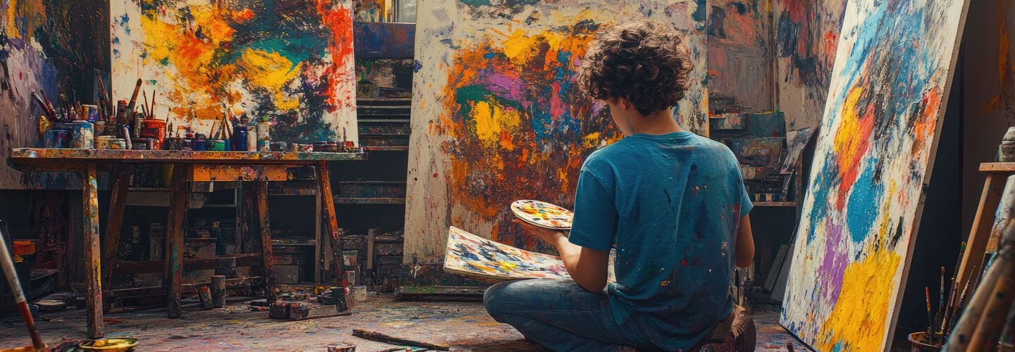 Man sitting around 3 canvases