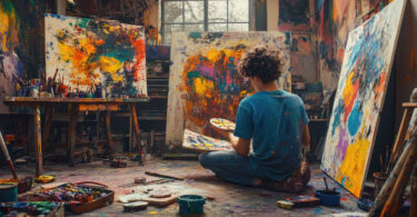 Man sitting around 3 canvases